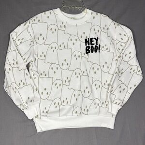 Wound Up White Hey Boo! Crewneck Long Sleeves Sweatshirt XS 0-2 Women Cute Ghost